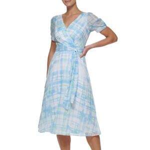 NWT DKNY Puff Sleeve Plaid Midi Dress in Blue‎